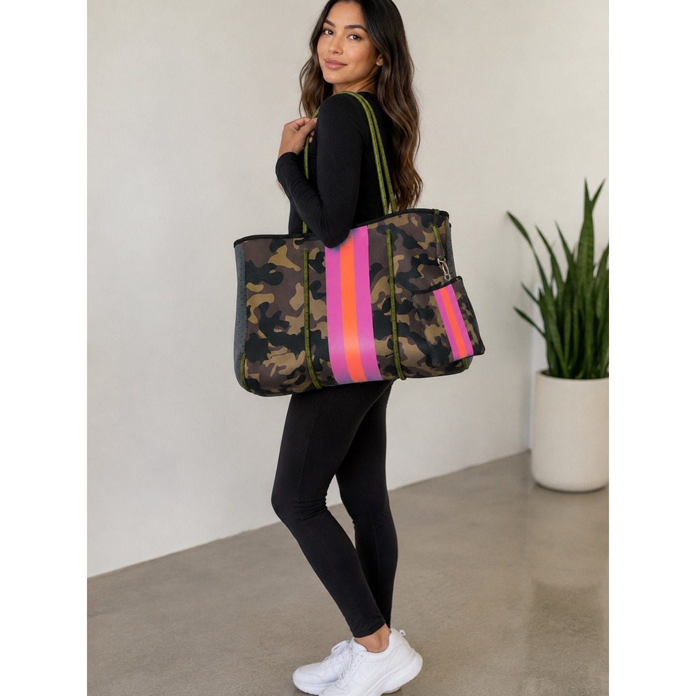 Camo Neoprene Tote Bag Carry On, Travel Gym Bag Pink Orange with Pouch Large
